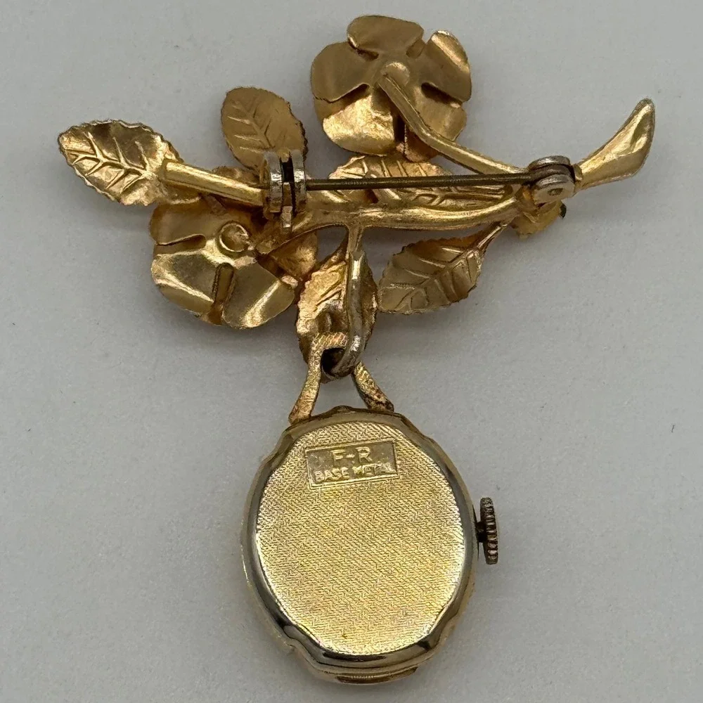 Vintage 60s Golden Shield Swiss Made Mechanical Rose Lapel Watch Brooch Pin